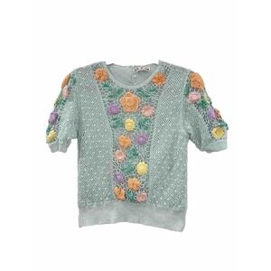 STC Top Women's‎ Crochet Blue Floral Short Sleeves Vintage